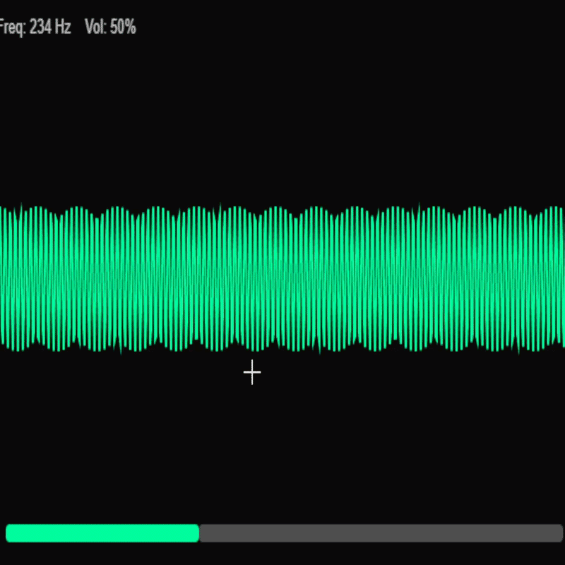 Left and right slide the frequency, up and down change amplitude. The wave on screen gets faster and taller as you push the values. Named after a theremin, an instrument you play without touching.