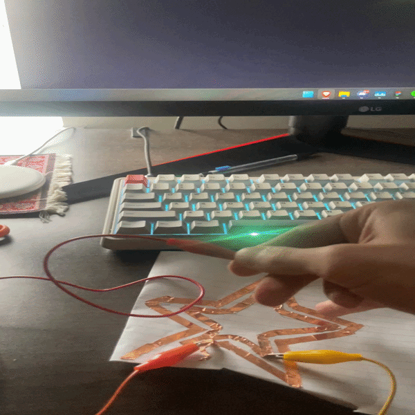 Iterating on the copper tape layout by adjusting path length and spacing, observing how distance between paths affects the ease and reliability of triggering inputs.